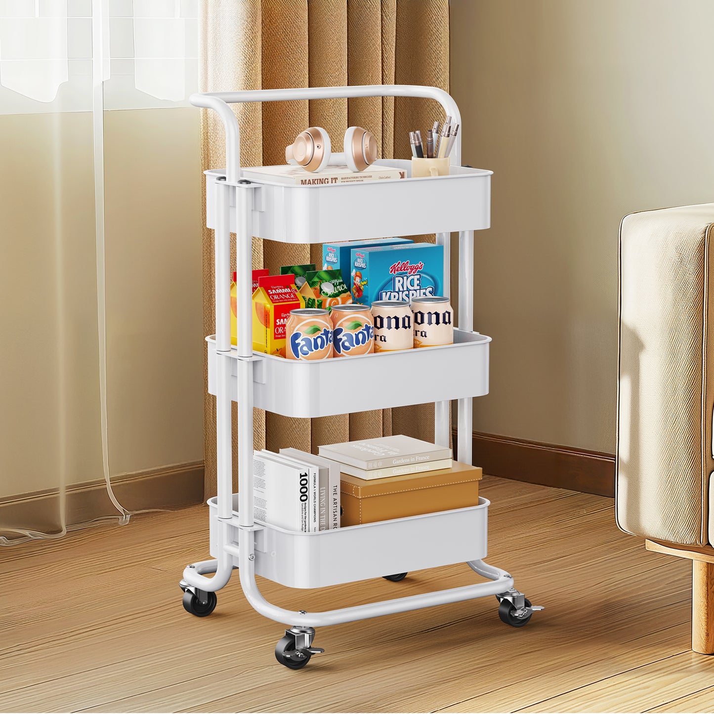 3 Tier Mesh Utility Cart Rolling Metal Organization Cart with Handle and Lockable Wheels for Kitchen Living Room Office,White