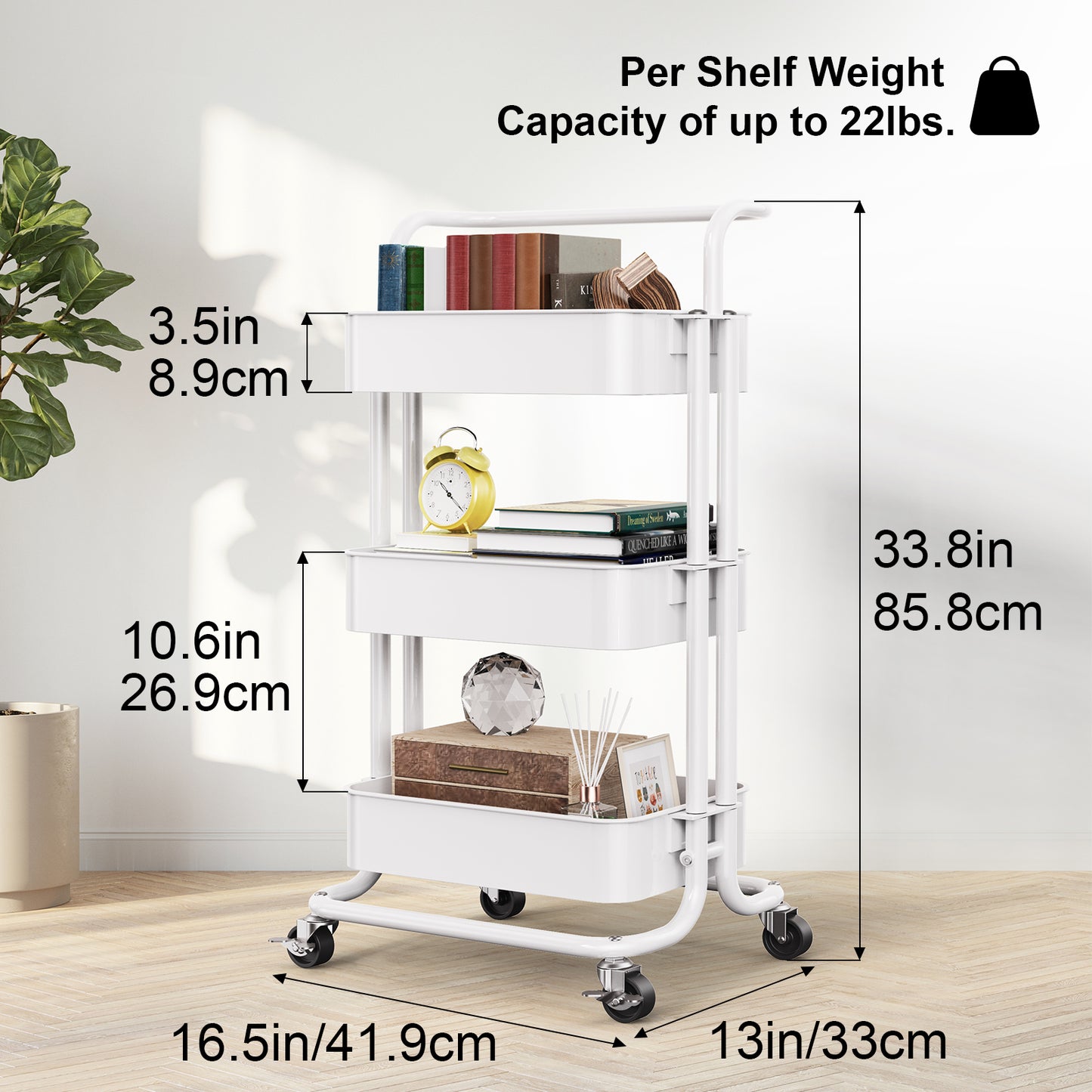 3 Tier Mesh Utility Cart Rolling Metal Organization Cart with Handle and Lockable Wheels for Kitchen Living Room Office,White