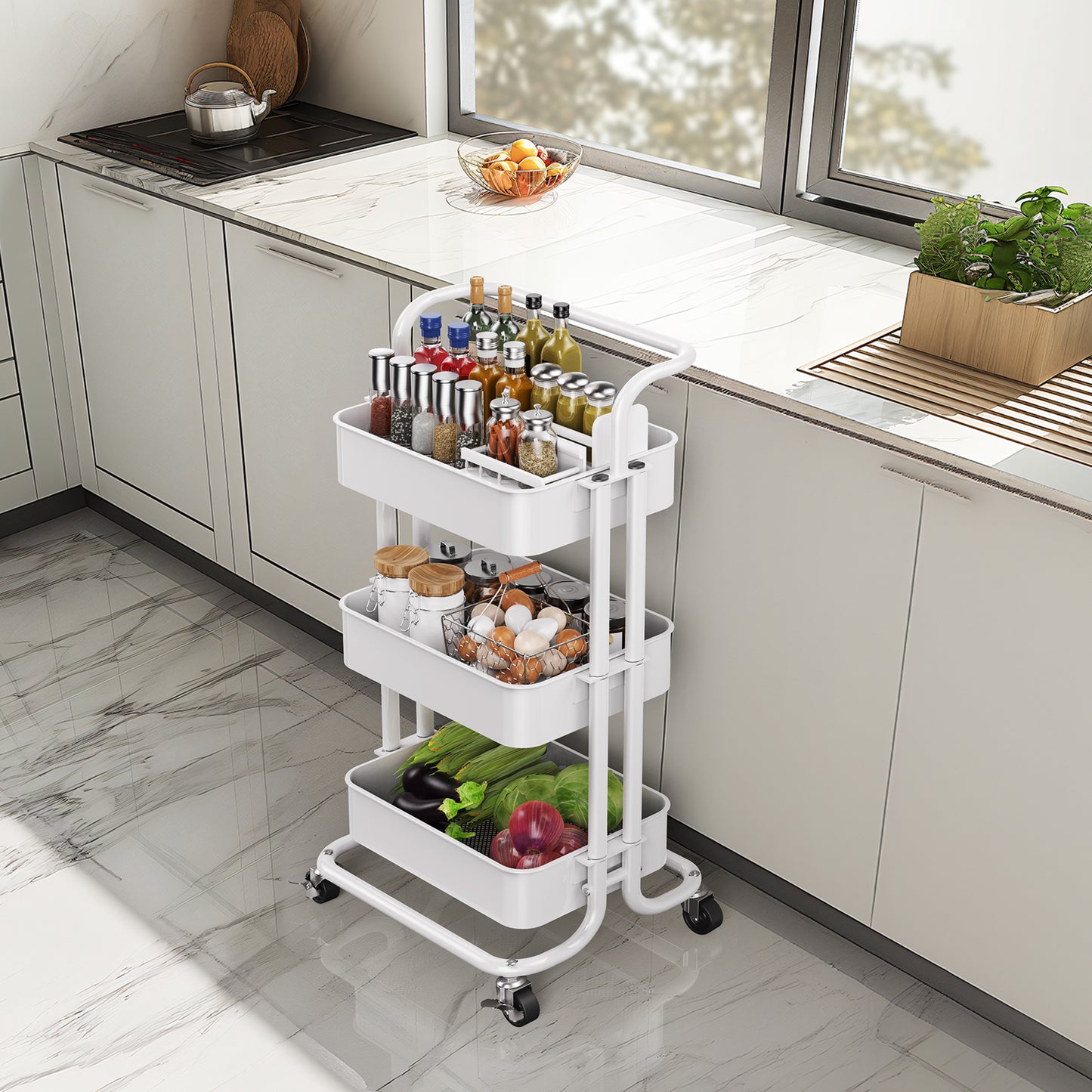 3 Tier Mesh Utility Cart Rolling Metal Organization Cart with Handle and Lockable Wheels for Kitchen Living Room Office,White