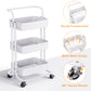 3 Tier Mesh Utility Cart Rolling Metal Organization Cart with Handle and Lockable Wheels for Kitchen Living Room Office,White