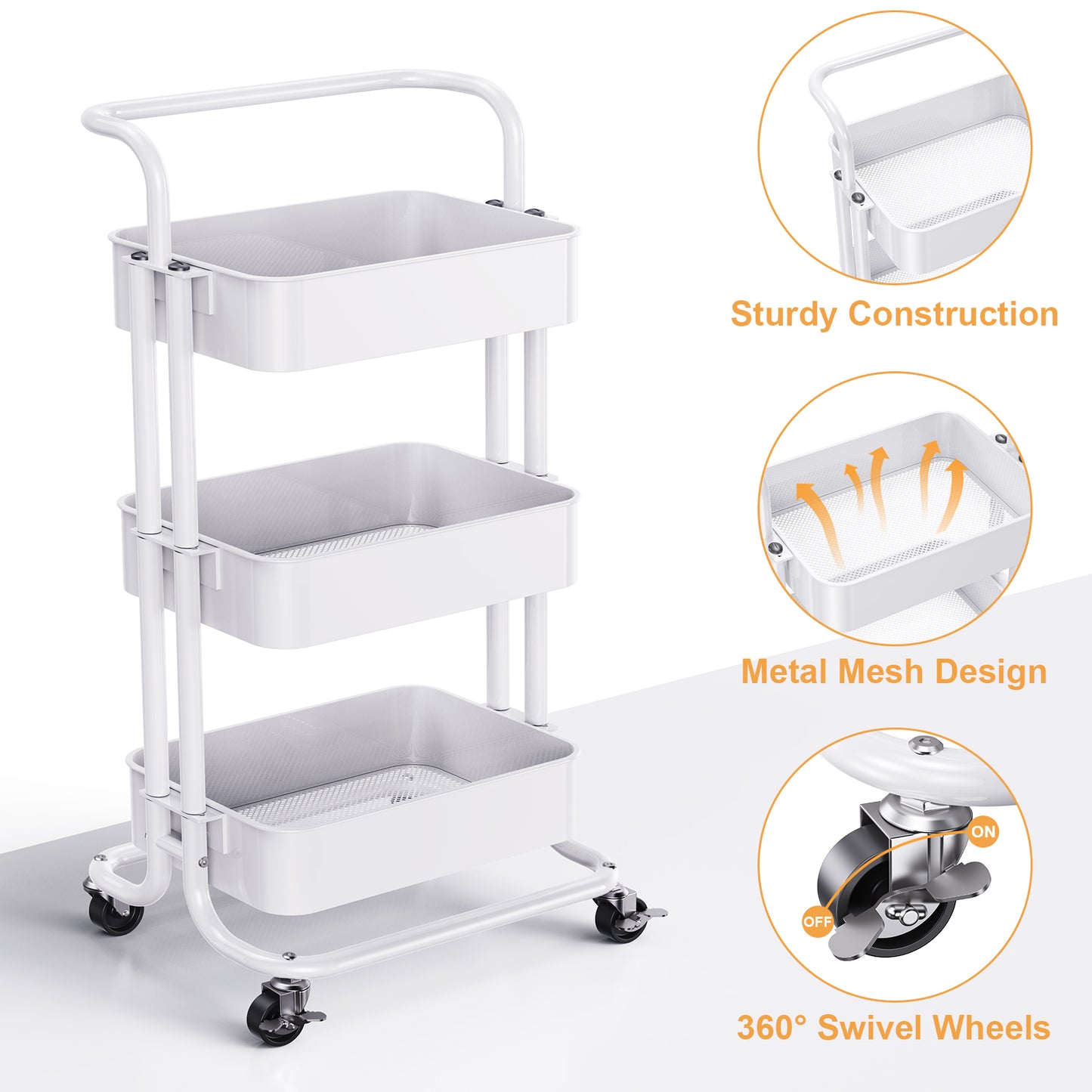 3 Tier Mesh Utility Cart Rolling Metal Organization Cart with Handle and Lockable Wheels for Kitchen Living Room Office,White