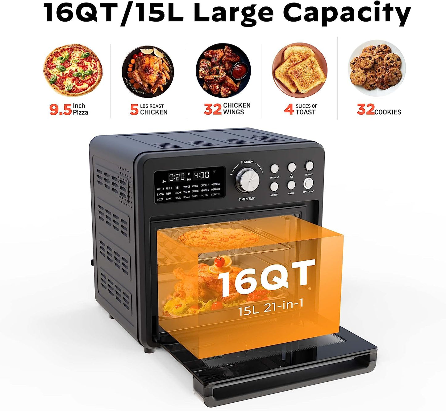 1600W 16QT Air Fryer Toaster Smart Oven 21-in-1 Countertop Convection with Dehydrate and Reheat