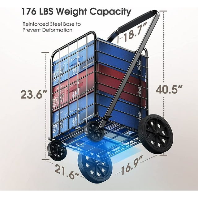 Shopping Cart for Groceries with 176LBS 91L Large Capacity, Heavy Duty Grocery Cart with Wheels, Folding Utility Shpping Cart on Wheels for Groceries, Laundry, Pantry, Garage