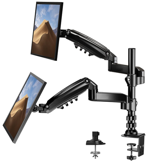 Dual Monitor Stand Height Adjustable for 17 to 32 inch Screens, Monitor Mount Desk Stand Gas Spring Double Arm with Clamp, Grommet Mounting Base