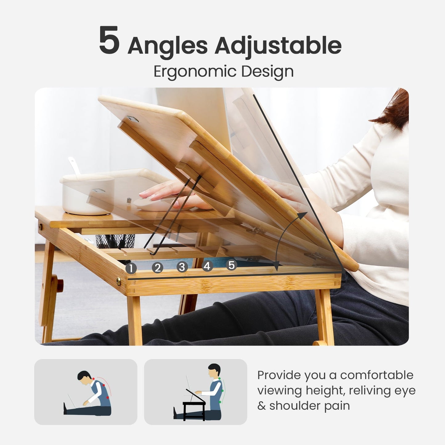 Foldable Bamboo Lap Laptop Desk Height Adjustable with 5 Angles Tilting Top and Storage Net