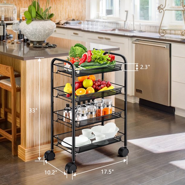 4 Tier Metal Mesh Rolling Utility Cart Storage Cart with 4 Wire Baskets and Lockable Wheels for Home Kitchen - Walmart.com