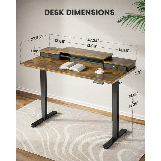 Electric Standing Desk with Double Drawers, 48x24 inch Adjustable Height Sit Stand Up Desk, Home Office Desk Computer Workstation with Storage Shelf, Vintage Brown - Walmart.com