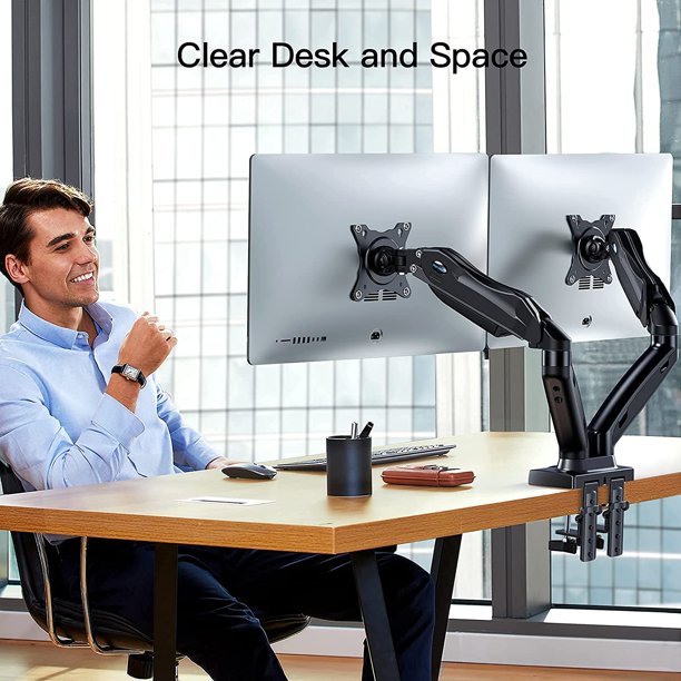 Dual Monitor Mount Desk Stand for 13 to 27 inch Screens Height Adjustable with C Clamp Grommet Mounting Base