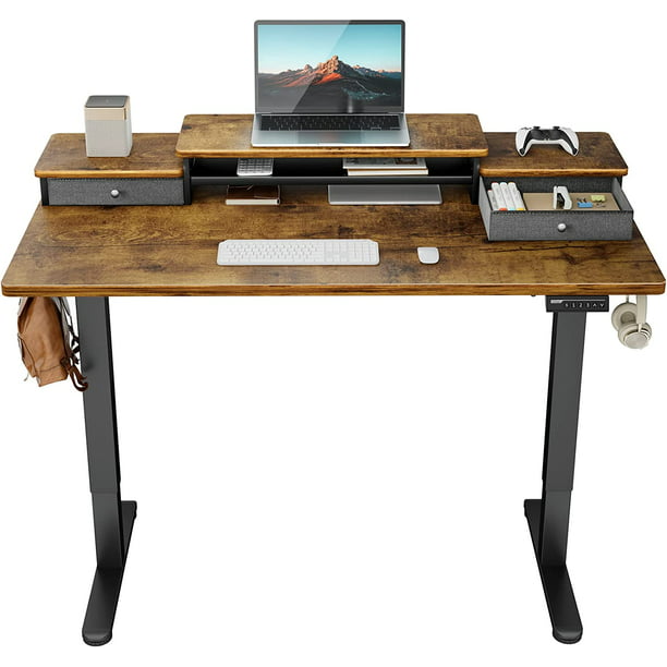 Electric Standing Desk with Double Drawers, 48x24 inch Adjustable Height Sit Stand Up Desk, Home Office Desk Computer Workstation with Storage Shelf, Vintage Brown - Walmart.com