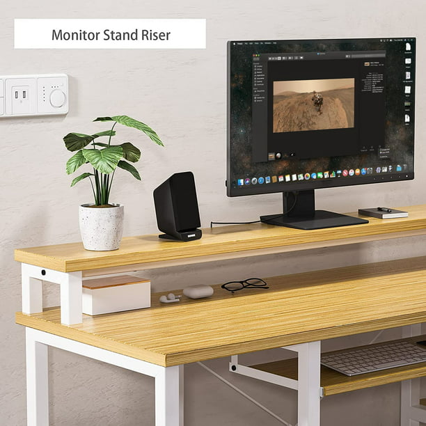 Industrial Computer Desk 47 inch, Home Office Desk with Monitor Stand, Large Workstation with Storage Shelves Keyboard Tray, Studying Writing Table for Home Office, Bamboo - Walmart.com