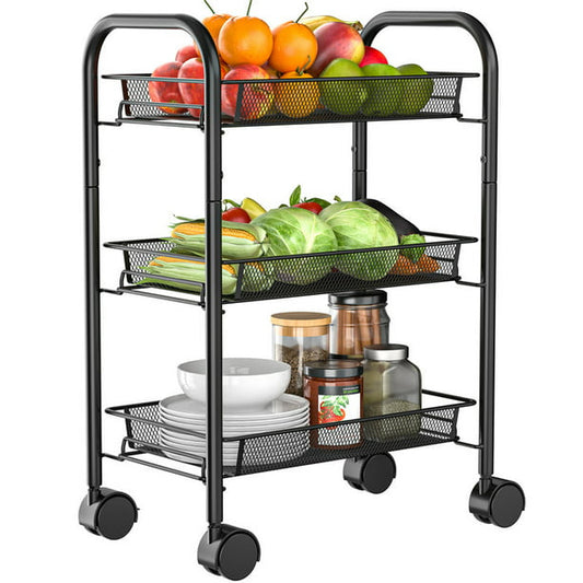 3 Tier Metal Mesh Rolling Utility Cart Storage Cart with 3 Wire Baskets and Lockable Wheels for Home Kitchen - Walmart.com