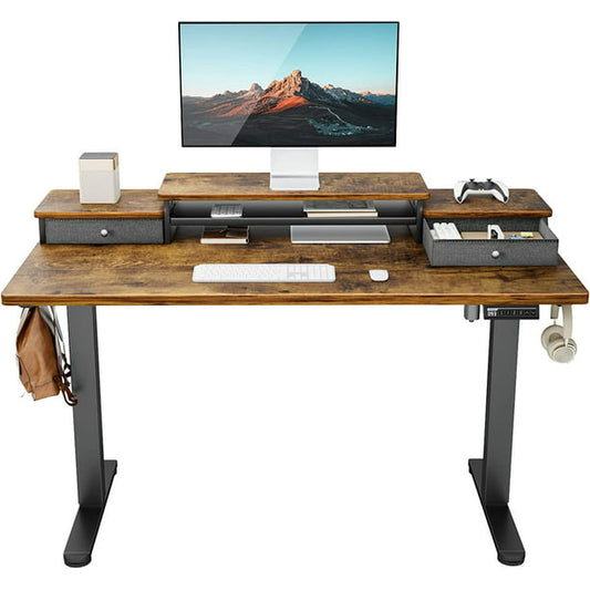 Electric Standing Desk with Double Drawers, 55x28 inch Adjustable Height Sit Stand Up Desk, Home Office Desk Computer Workstation with Storage Shelf, Vintage Brown - Walmart.com