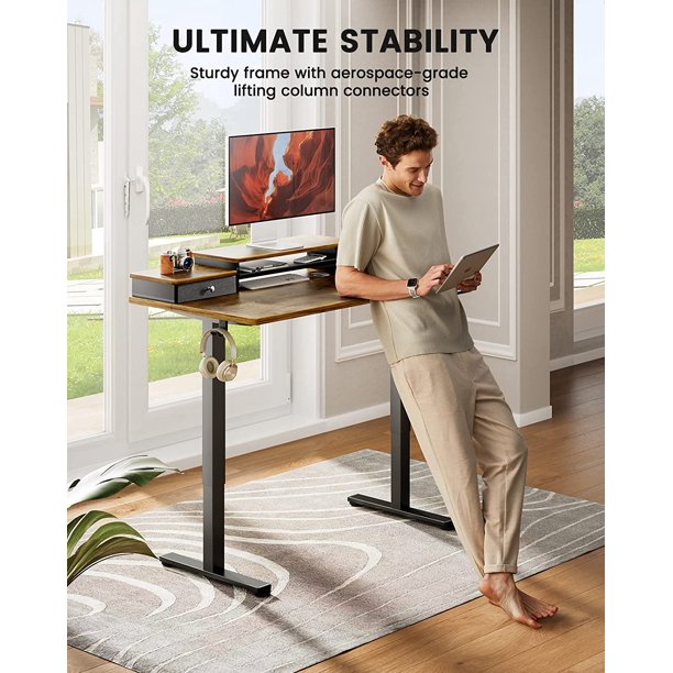 Electric Standing Desk with Double Drawers, 55x28 inch Adjustable Height Sit Stand Up Desk, Home Office Desk Computer Workstation with Storage Shelf, Vintage Brown - Walmart.com