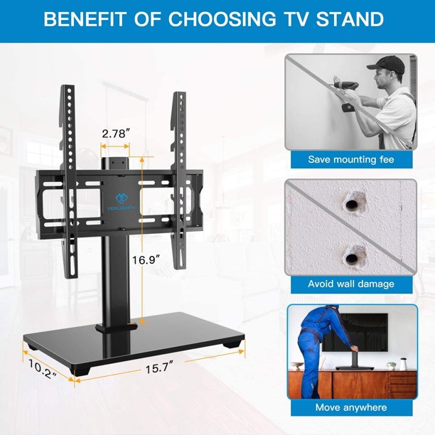 Universal Table Top TV Stand Swivel, TV Stand Mount for 32-60 inch LCD LED TVs, Height Adjustable with Tempered Glass Base, Max 400x400mm, Holds up to 88lbs