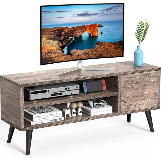 Retro TV Stand Unit with Storage Cabinet for TVs up to 55 inch, Mid Century Modern TV Entertainment Center with Shlef for Media, Wood TV Console Table for Living Room Bedroom, Grey Wash - Walmart.com