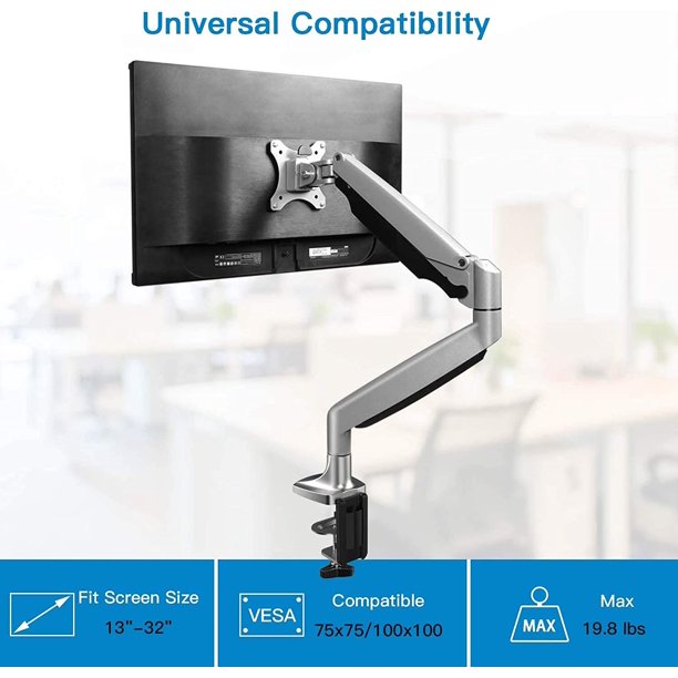 Single Arm Monitor Stand, Gas Spring Monitor Desk Mount, Adjustable Computer Riser with Clamp, Grommet Mounting Base for 13 to 32 inch Screens 75X75 100X100