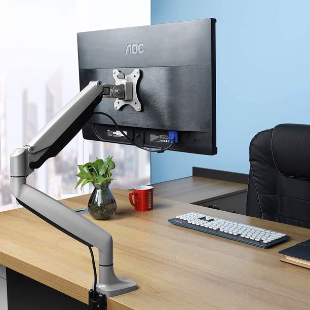 Single Arm Monitor Stand, Gas Spring Monitor Desk Mount, Adjustable Computer Riser with Clamp, Grommet Mounting Base for 13 to 32 inch Screens 75X75 100X100