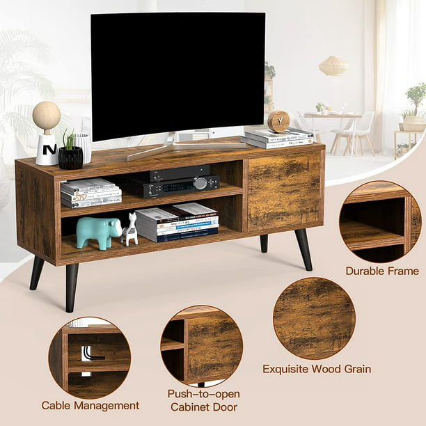 Retro TV Stand Unit with Storage for TVs up to 55 inch, Mid Century Modern TV Entertainment Center with Shlef, Wood TV Console Table for Living Room Bedroom, Dark Brown - Walmart.com