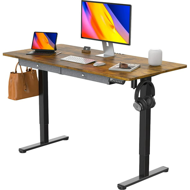 Adjustable Height Electric Standing Desk with Double Drawers, 48x24 inch Sit Stand Up Desk Computer Workstation for Home Office, Vintage Brown - Walmart.com