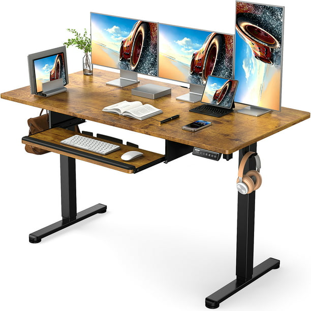 Electric Standing Desk with Keyboard Tray, Adjustable Height Sit Stand Up Desk, Home Office Desk Computer Workstation with Storage Shelf 55x28 Inches, Vintage Brown - Walmart.com