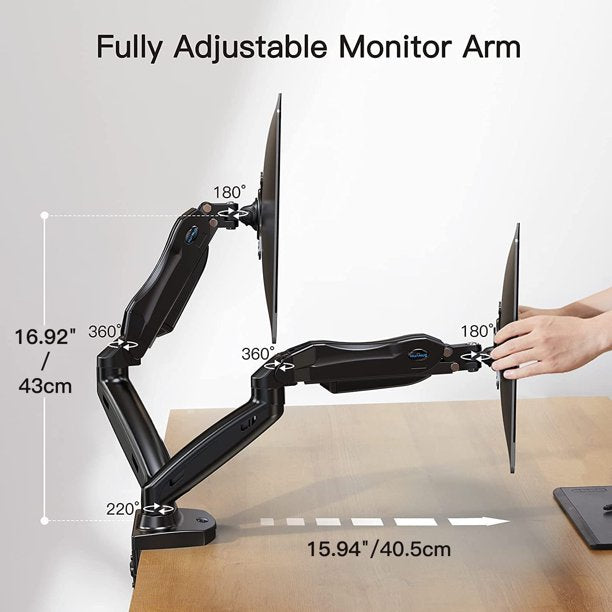 Dual Monitor Mount Desk Stand for 13 to 27 inch Screens Height Adjustable with C Clamp Grommet Mounting Base