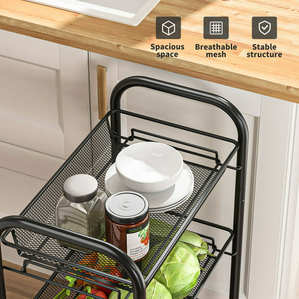 3 Tier Metal Mesh Rolling Utility Cart Storage Cart with 3 Wire Baskets and Lockable Wheels for Home Kitchen - Walmart.com