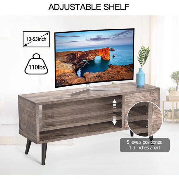 Retro TV Stand Unit with Storage Cabinet for TVs up to 55 inch, Mid Century Modern TV Entertainment Center with Shlef for Media, Wood TV Console Table for Living Room Bedroom, Grey Wash - Walmart.com