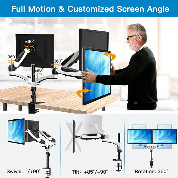 Dual Monitor Arm Stand, Height Adjustable Monitor Mount for Two 13 to 27 inch Flat, Curved Computer Screen, Double Gas Spring Desk Bracket with Clamp, Grommet Mounting Base