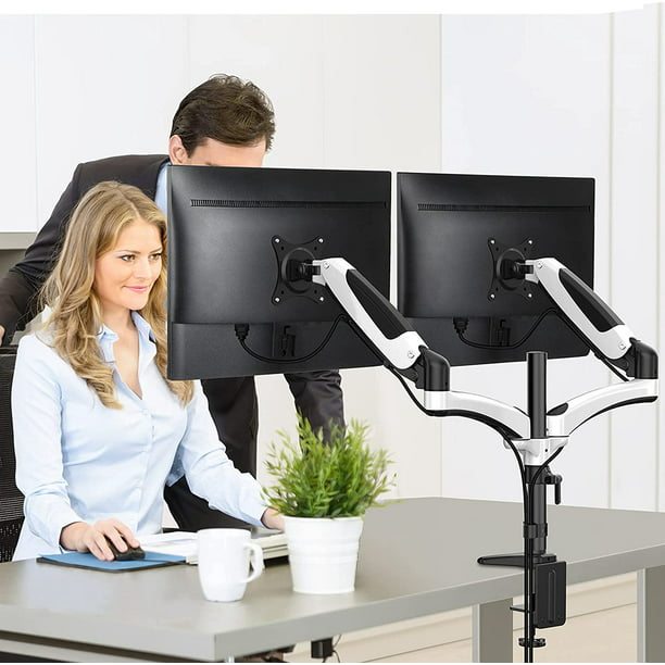 Dual Monitor Arm Stand, Height Adjustable Monitor Mount for Two 13 to 27 inch Flat, Curved Computer Screen, Double Gas Spring Desk Bracket with Clamp, Grommet Mounting Base