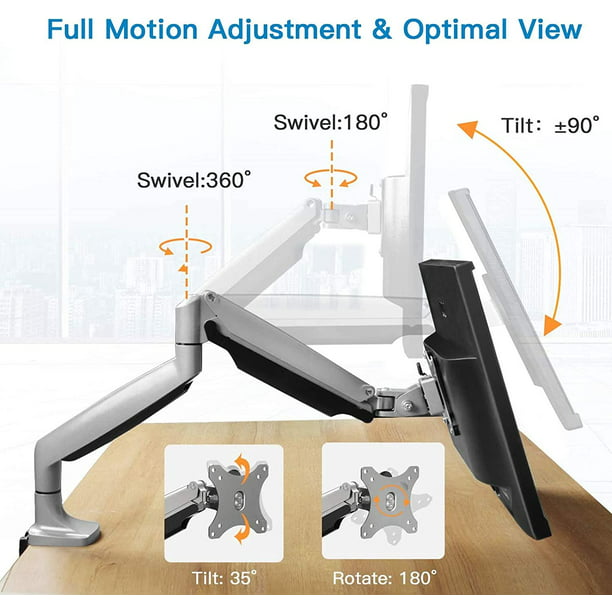 Single Arm Monitor Stand, Gas Spring Monitor Desk Mount, Adjustable Computer Riser with Clamp, Grommet Mounting Base for 13 to 32 inch Screens 75X75 100X100