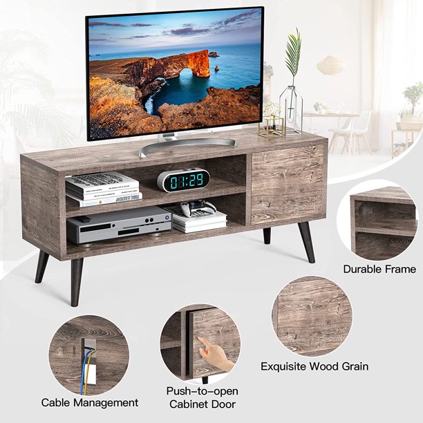 Retro TV Stand Unit with Storage Cabinet for TVs up to 55 inch, Mid Century Modern TV Entertainment Center with Shlef for Media, Wood TV Console Table for Living Room Bedroom, Grey Wash - Walmart.com