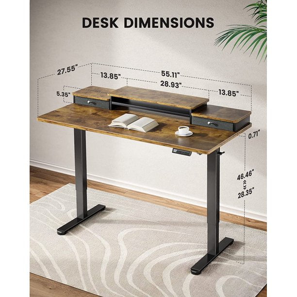 Electric Standing Desk with Double Drawers, 55x28 inch Adjustable Height Sit Stand Up Desk, Home Office Desk Computer Workstation with Storage Shelf, Vintage Brown - Walmart.com