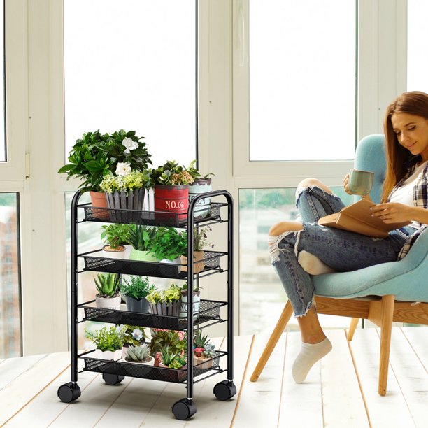 4 Tier Metal Mesh Rolling Utility Cart Storage Cart with 4 Wire Baskets and Lockable Wheels for Home Kitchen - Walmart.com