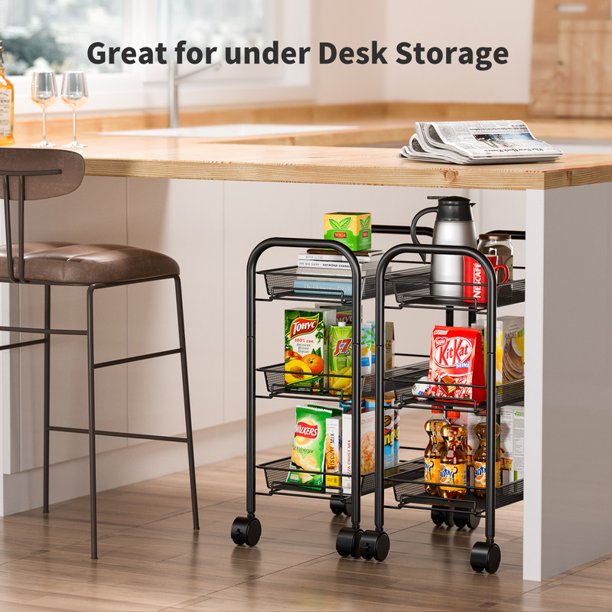 3 Tier Metal Mesh Rolling Utility Cart Storage Cart with 3 Wire Baskets and Lockable Wheels for Home Kitchen - Walmart.com