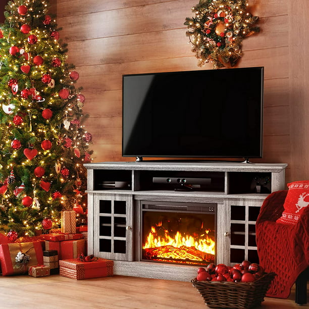 Fireplace TV Stand for TVs up to 65 Inch, Fireplace Entertainment Center with Adjustable Shelves, Fireplace Modern Farmhouse Wood TV Stand for Living Room - Walmart.com