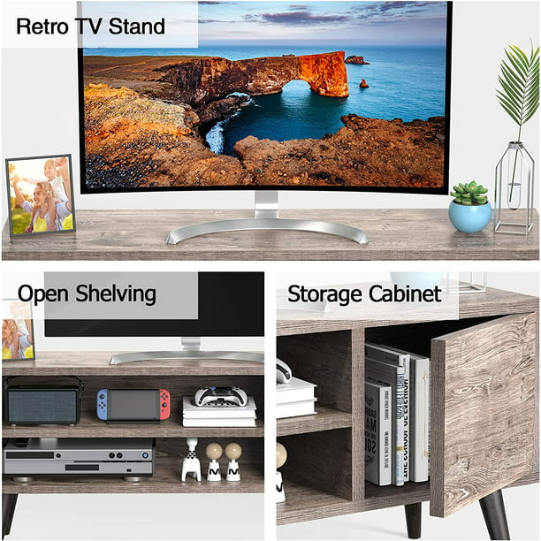 Retro TV Stand Unit with Storage Cabinet for TVs up to 55 inch, Mid Century Modern TV Entertainment Center with Shlef for Media, Wood TV Console Table for Living Room Bedroom, Grey Wash - Walmart.com