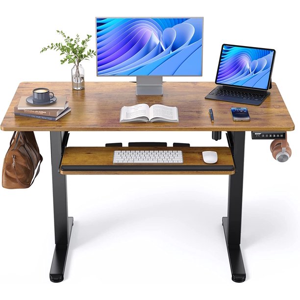 Electric Standing Desk with Keyboard Tray, 48" x 24" Adjustable Height Sit Stand Up Desk, Home Office Desk Computer Workstation, Vintage Brown