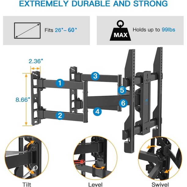 Corner TV Wall Mount Bracket Tilts, Swivels, Extends, Full Motion TV Mount Articulating for 26-60 inch LED, LCD Flat Curved Screen TVs, Holds up to 99 lbs, Heavy Duty TV Bracket