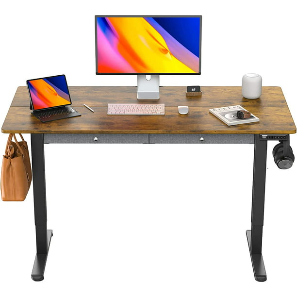 Adjustable Height Electric Standing Desk with Double Drawers, 55x28 inch Sit Stand Up Desk Computer Workstation for Home Office, Vintage Brown - Walmart.com