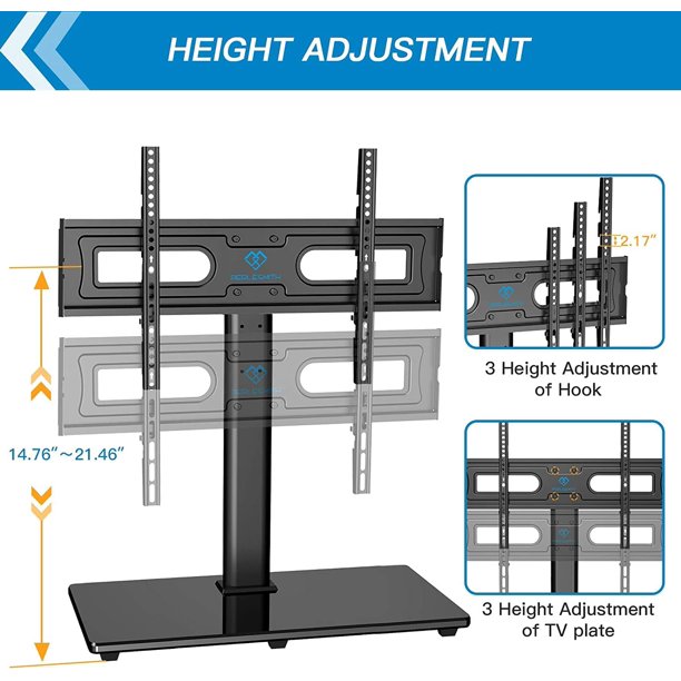 Universal TV Stand Mount for 37 to 75 inch LCD OLED Flat Curved Screen TVs, Table Top TV Stand Base Height Adjustable with Tempered Glass Base Wire Management