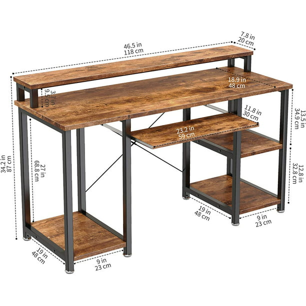 Industrial Computer Desk 47 inch, Home Office Desk with Monitor Stand, Large Workstation with Storage Shelves Keyboard Tray, Studying Writing Table for Home Office, Rustic Brown - Walmart.com