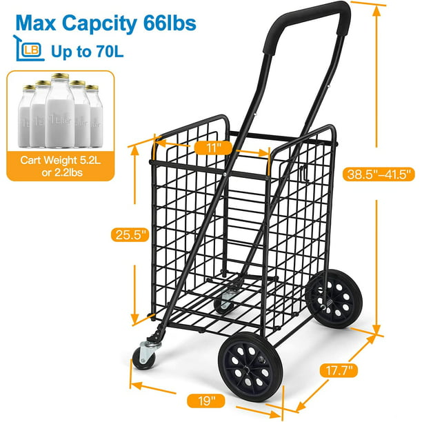 Folding Jumbo Shopping Cart with Dual Swivel Wheels, Portable Rolling Utility Cart Grocery Cart with Adjustable Handle Holds up to 70L Max 66Ibs - Walmart.com