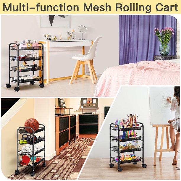 4 Tier Metal Mesh Rolling Utility Cart Storage Cart with 4 Wire Baskets and Lockable Wheels for Home Kitchen - Walmart.com