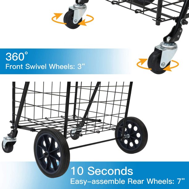 Folding Jumbo Shopping Cart with Dual Swivel Wheels, Portable Rolling Utility Cart Grocery Cart with Adjustable Handle Holds up to 70L Max 66Ibs - Walmart.com