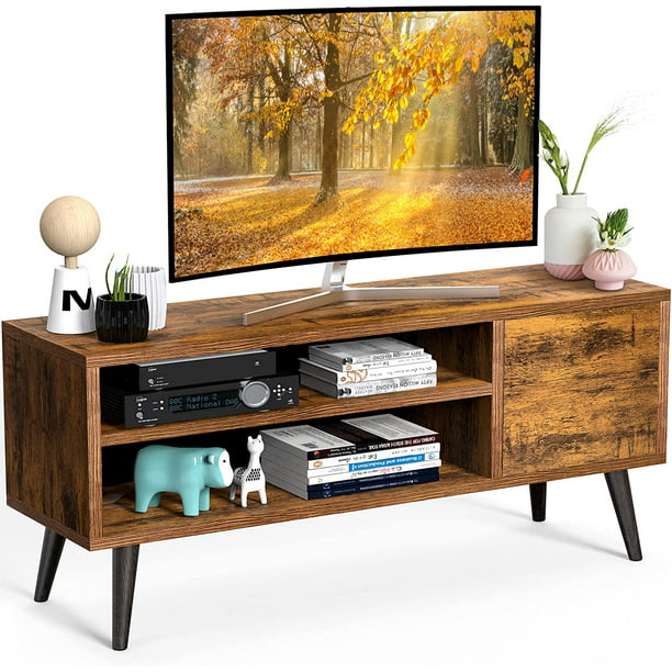 Retro TV Stand Unit with Storage for TVs up to 55 inch, Mid Century Modern TV Entertainment Center with Shlef, Wood TV Console Table for Living Room Bedroom, Dark Brown - Walmart.com