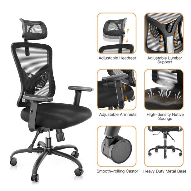 Home Office High Back Chair Mesh Lumbar Support, Swivel Computer Desk Chair with Adjustable Armrest, Max 300lbs - Walmart.com