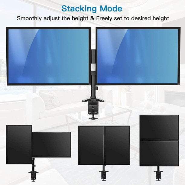 Dual Monitor Arm Stand, Height Adjustable Monitor Mount for Two 13 to 27 inch Flat, Curved Computer Screen, Double Gas Spring Desk Bracket with Clamp, Grommet Mounting Base