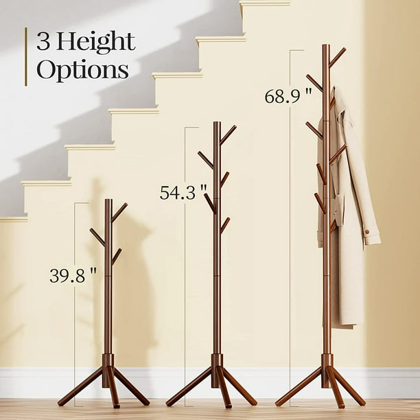 Wooden Coat Rack Stand with 3 Height Options and 8 Hooks, Clothes Hanger Hall Tree Rack for Home, Office, Bedroom, Hallway - Walmart.com