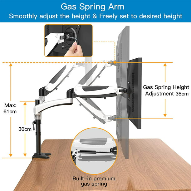 Dual Monitor Arm Stand, Height Adjustable Monitor Mount for Two 13 to 27 inch Flat, Curved Computer Screen, Double Gas Spring Desk Bracket with Clamp, Grommet Mounting Base