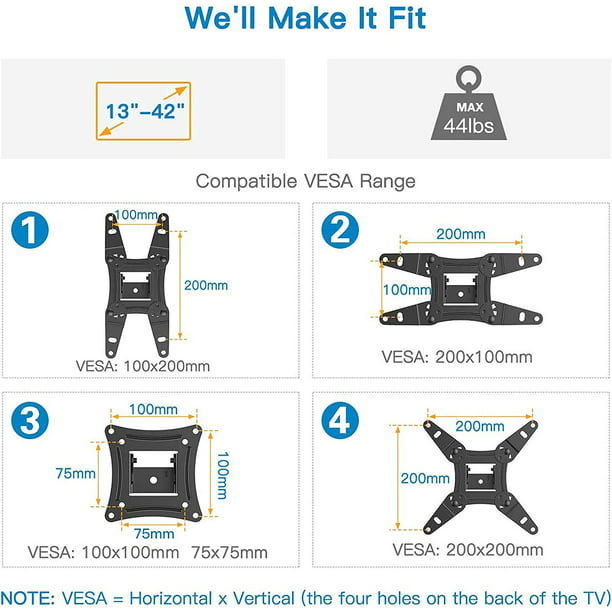 Full Motion TV Wall Mount Bracket Articulating Arms Swivels Tilts Extension Rotation for Most 13-42 inch Flat Curved TVs Monitors, Hold up to 44lbs